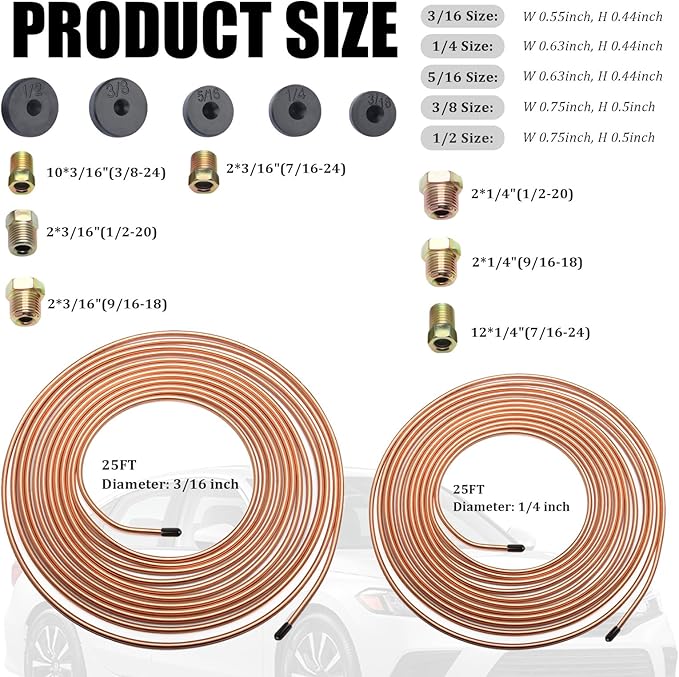 25Ft 1/4" and 3/16" Brake Line Kit,Single & Double Brake Line Flaring Tool Kit with 32 Inverted Fittings and Brakes Flare Tool Kits,Copper Plated Brakes Lines Repair Kits