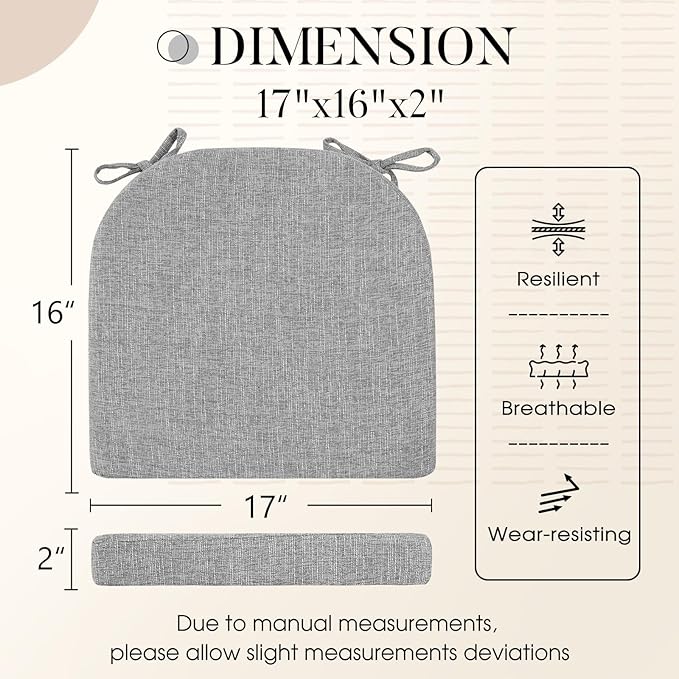 Basic Beyond Chair Cushions for Dining Chairs with Ties and Removable Cover, 2" Thick Seat Cushions for Kitchen Chairs, Set of 4, 17" x 16", Light Grey