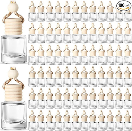 BBTO 100 Pcs Car Air Fresheners Diffuser with Wooden Cap Empty Aromatherapy Diffuser Clear Fragrance Holder Pendant Hanging Perfume Fresheners Bottles for Car Decor(Classic,Clear)
