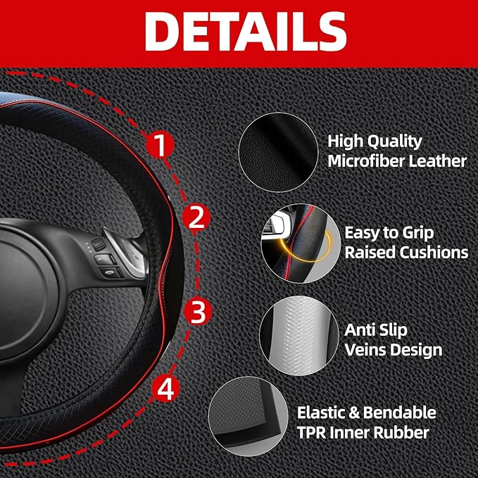 NBTEPEM 6 PCS Car Steering Wheel Cover Set, Microfiber Leather Steering Wheel Covers Universal 14.5-15 inch, Center Console Cover, Seat Belt Cushion, Cup Holder Coaster, Car Accessories Set Red