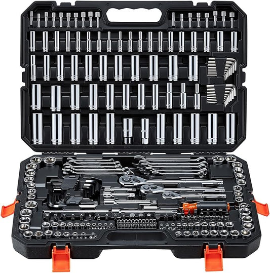 VEVOR Mechanics Tool Set, 253-Piece Mechanic Tool Kit, 1/4 in, 3/8 in, and 1/2 in Drive, SAE and Metric Socket Set, Wrenches, Screwdriver Bits, Accessories, and Storage Case, for Automotive Repair