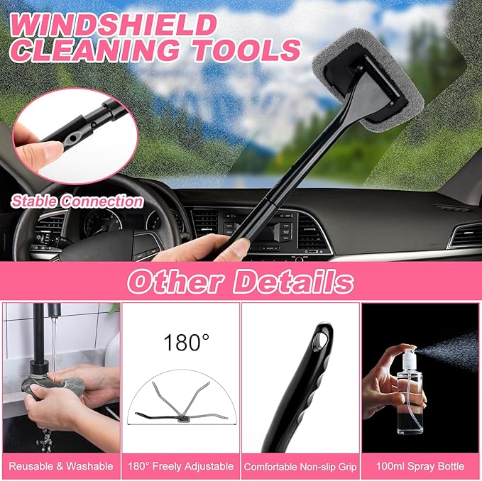 20Pcs Car Cleaning Wash Kit Interior Detailing Cleaner Kit with High Power Handheld Vacuum, Brush Set, Windshield Tool, Duster, Towels, Complete Car Care Tools, Pink