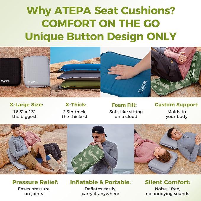 ATEPA Inflatable Seat Cushion, Compact Self-Inflating Seat Cushion for Stadium Airplane Air Travel Bleacher Camping, Blow Up Foam Seat Pad for Outdoor Sports Events Backpacking Hiking Sitting