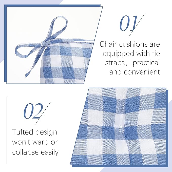 Geetery 4 Pack Chair Cushions for Dining Chairs, 16" x 15" Blue and White Kitchen Chair Cushions with Ties Buffalo Plaid Soft Comfy Seat Pads for Home Office Living Room Outdoor Indoor