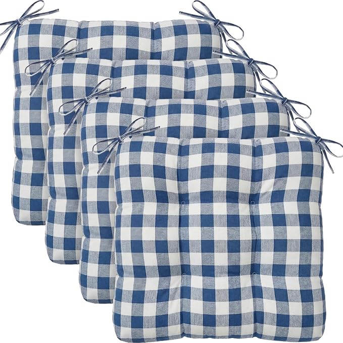 Geetery 4 Pack Chair Cushions for Dining Chair Kitchen Seat Pads with Ties Buffalo Plaid Soft Comfy Square Seat Pads for Home, Outdoor, Patio, Room (Navy Blue)
