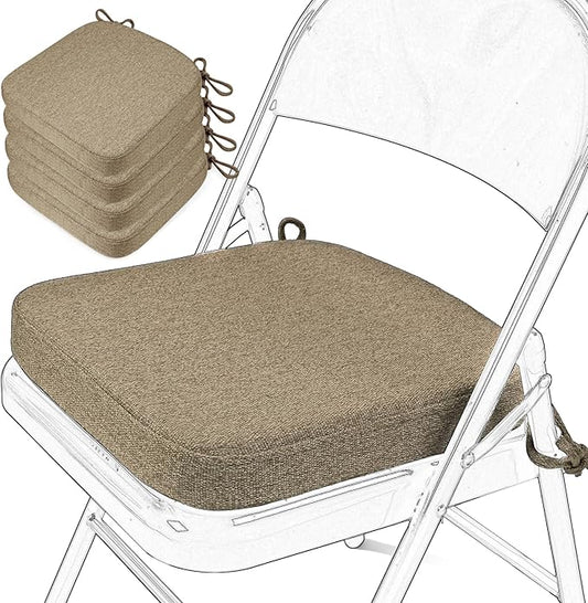 SINOSSO Memory Foam Chair Cushions for Folding Chairs 4 Pack, Thickened 2" Square Pads with Ties for Kitchen Chairs, Indoor Non-Slip Dining Chair Seat Cushions (Set of 4, Linen)