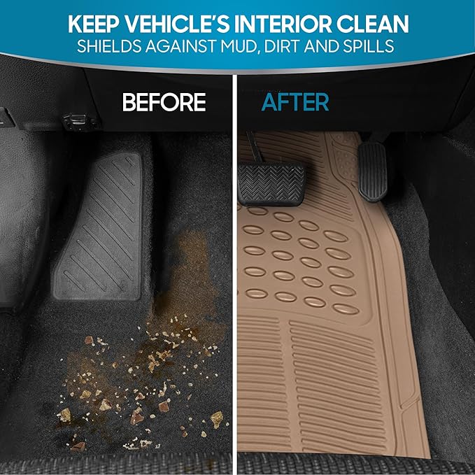 BDK ProLiner Floor Mats for Cars Trucks SUV, 4-Piece All-Weather Car Mats with Universal Fit Design, Durable Car Floor Mat with Capture Ridges, Waterproof Rubber Floor Mat for Cars (Beige)