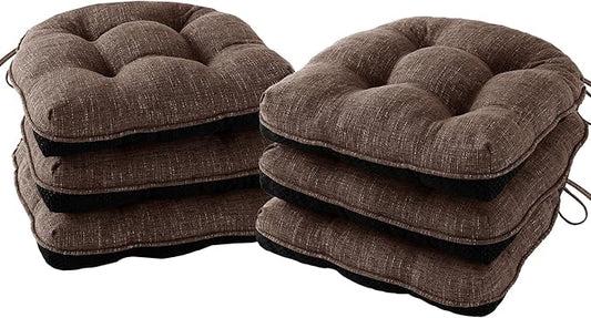 IPYNBAP Chair Cushions for Dining Chairs Set of 6, Kitchen Chair Cushions, Chair Pads with Ties and Non Slip Backing, Tufted Memory Foam Seat Cushion 6 Pack, 15.5" x 15.5" x 4", Brown