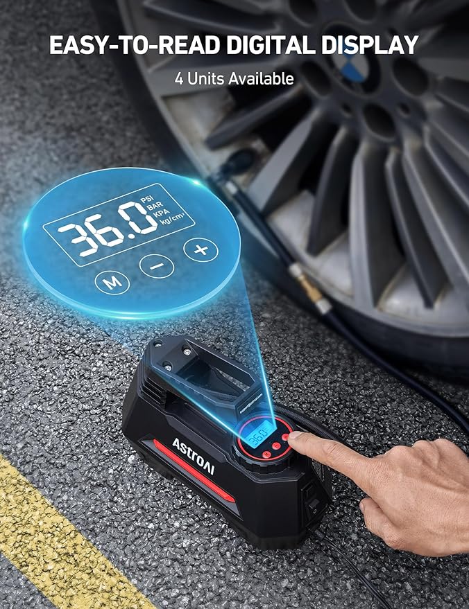 AstroAI Tire Inflator Portable Air Compressor Tire Air Pump for Car Tires - Car Accessories, 9.8Ft Cord-12V DC-Powered Auto Pump with Digital Pressure Gauge, LED Light for Bicycle, Balloons, Red