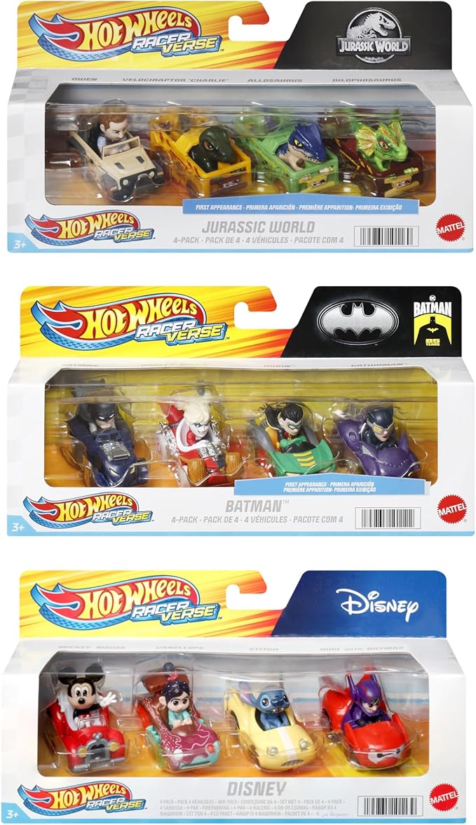 Hot Wheels RacerVerse, Set of 4 Die-Cars 1:64 Scale Toy Cars Optimized for Driving on Tracks with Pop Culture Characters as Drivers