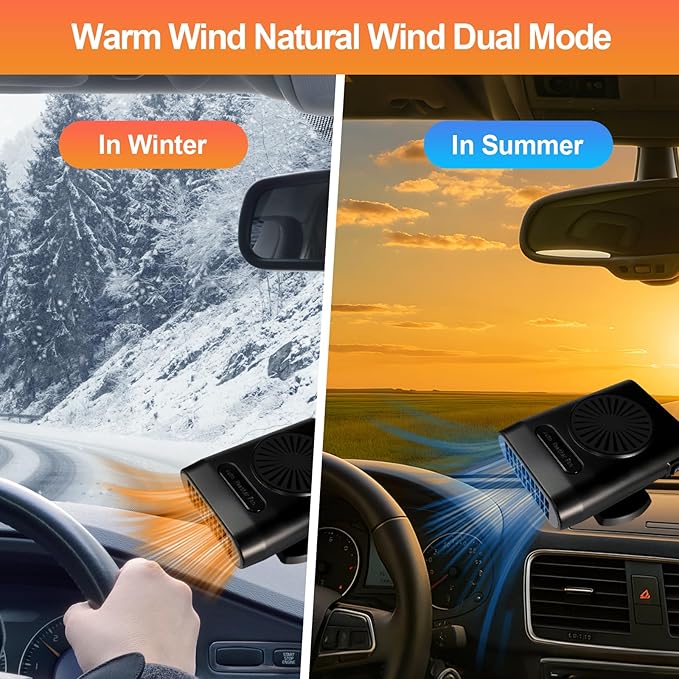 Car Heater Fan, 12V 200W Fast Heating and Cooling Fan Portable Windshield Defogger and Defroster Plug into Cigarette Lighter for Car RV SUV (Black Black)