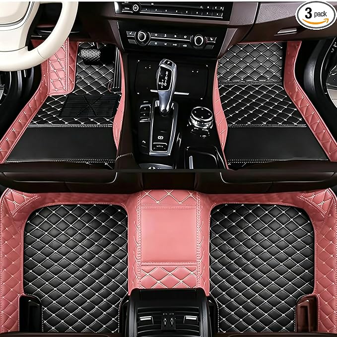 Personalized Picture & Name Car Floor Mats, Custom Leather Full Set with Your Image + Text, Unique Gift for Drivers(Pink+Black)