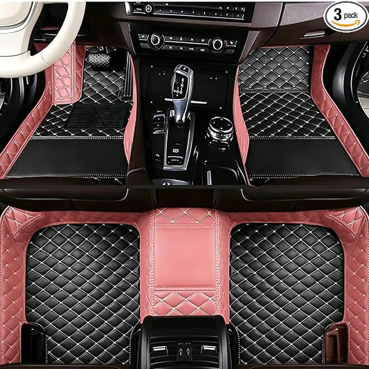 Personalized Picture & Name Car Floor Mats, Custom Leather Full Set with Your Image + Text, Unique Gift for Drivers(Pink+Black)