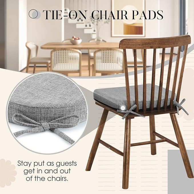 Basic Beyond Chair Cushions for Dining Chairs 6 Pack, Kitchen Chair Cushions with Ties and Non Slip Backing, 16 x 16 inches Chair Pads for Dining Chairs (Light Grey)