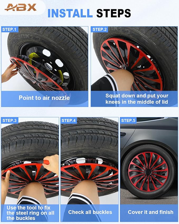 ABX Hubcap Wheel Covers Hub Caps 15 Inch Set of 4 Black & Red Universal Wheel Rim Cover R15 Stylish Car Decor Wheel Covers for Toyota Camry Nissan Mazda (TT Black & Red, 15 inch)