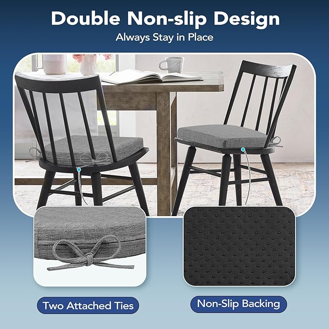 Chair Cushions for Dining Chairs, Non Slip Chair Pads with Ties and Washable Covers, Memory Foam Kitchen Chair Cushions Set of 6, 16"X16"X2.5", Dark Gray