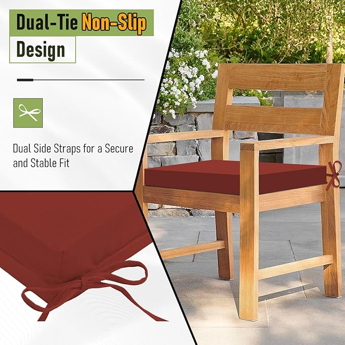 Basic Beyond Outdoor Chair Cushions Set of 4, Square Corner Outdoor Cushions for Patio Furniture, Water Resistant Patio Chair Cushions with 2 Ties, 18.5x16x3, Brick Red