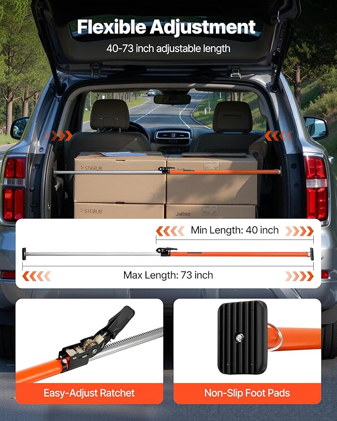 VEVOR Cargo Bar, Cargo Bar Adjustable from 40" to 73", Heavy-Duty Steel Cargos Stabilizer with Non-Slip Foot Pads, Telescoping Load Lock Bars Stop Sliding for SUVs, Sedans