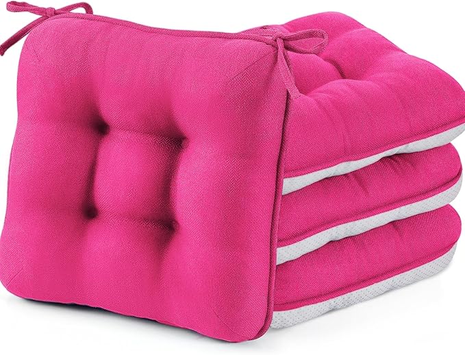 BETU Chair Cushions for Dining Chairs Set of 4,3.5" Thick Kitchen Table Chair Pads with Ties,Non Slip Backing and Covers, Seat Cushion for Dining Room,Bar,Patio Chairs,15.5"X15.5"X3.5",Hot Pink