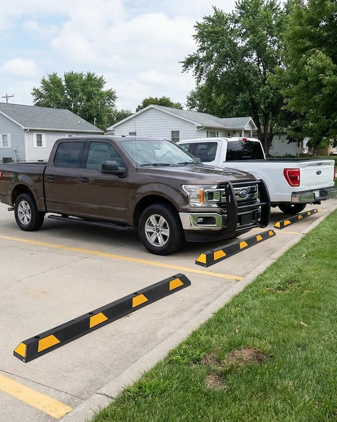 GlowSol 72 inch Rubber Parking Curb Wheel Stop 2 Pack, 6ft Heavy Duty Synthetic Rubber Speed Bump for Parking Lot Driveway, Yellow & Black - Premium 90%+ Rubber Curb with 8 Nails & Gloves