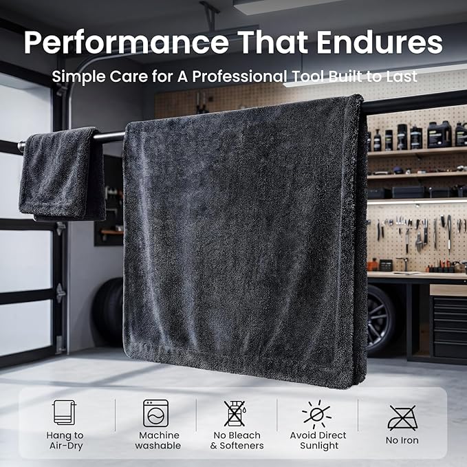 REEVAA Twisted Loop Car Drying Towel, [1300GSM, Pro-Grade Care] Car Microfiber Cleaning Cloth Accessories, Streak Free, Lint Free, Reusable, 2Pcs (36"×24"+16"×16"), Black Gray