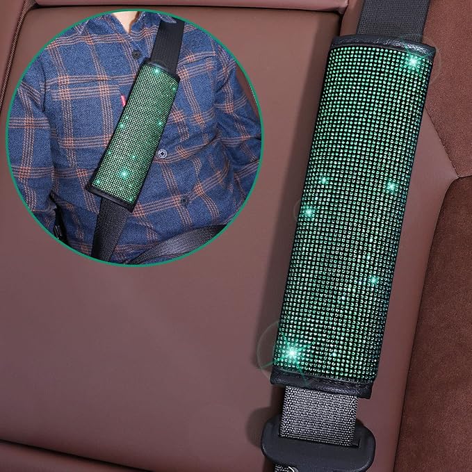 Steering Wheel Cover Set 15 inch,7 Pack Crystal Rhinestone Diamond Bling Green Car Accessories Set,Seat Belt Cushion, Gear Shifter Cover,Car Bling Ring, Cup Coaster,Green