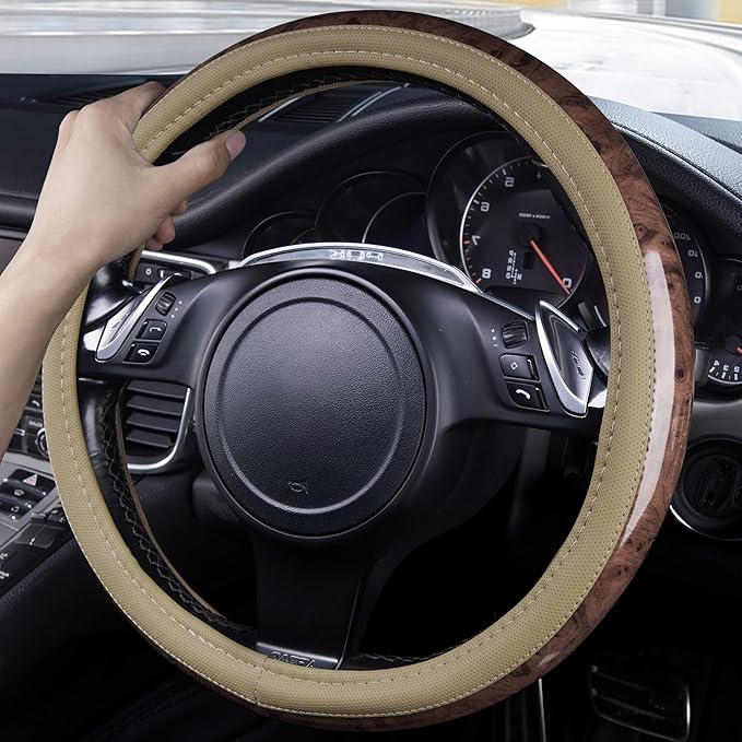 CAR PASS Wood Grain 14.5-15 inch Microfiber Leather Steering Wheel Cover, Anti-Slip Veins Design Steering Wheel Universal Fit for Most Cars, Sedans, SUVs, MiniVans, Small Trusks, Beige