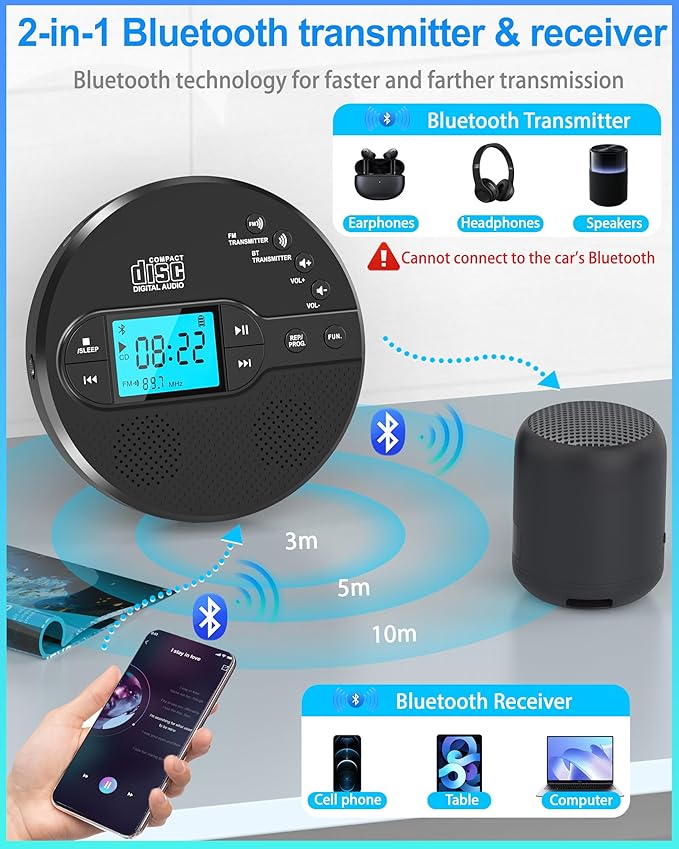 Sunoony Portable CD Player with Bluetooth, Walkman CD Player with FM Transmitter and Speakers for Car, Rechargeable Discman with Anti-Skip Protection, Headphones, LCD Display (Black)