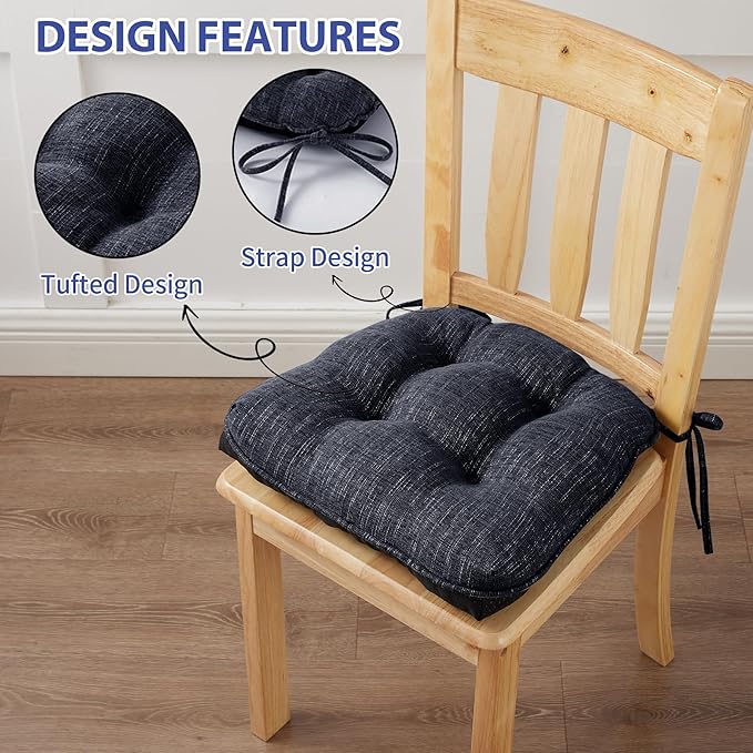 IPYNBAP Chair Cushions for Dining Chairs Set of 6, Kitchen Chair Cushions, Chair Pads with Ties and Non Slip Backing, Tufted Memory Foam Seat Cushion 6 Pack, 15.5" x 15.5" x 4", Navy Blue