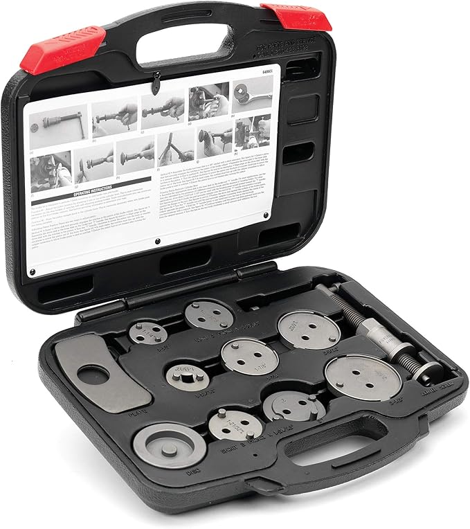 Powerbuilt Rear Disc Brake Adjust Tool Kit, Caliper Piston Adjustment, Vehicle Parking Brakes, T-Handle Center Screw, Adapters, Storage Case - 648601