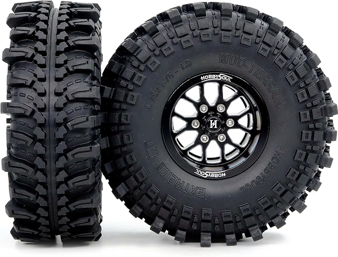 HOBBYSOUL 4pcs -10.5mm Negative Offset 1.9 Beadlock Wheels and Tires, 121mm Tall 1.9'' tyre and Rims for 1/10 RC Mud Crawler SCX10 TRX4 Gen8 Upgrades