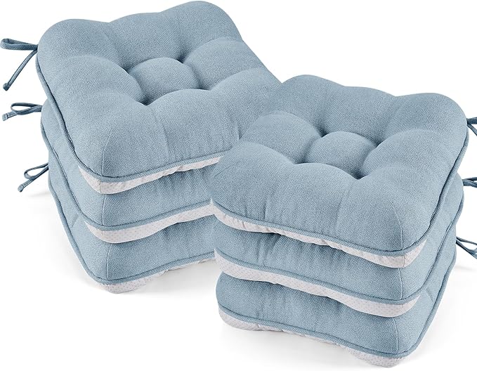 BETU Chair Cushions for Dining Chairs Set of 6,3.5" Thick Kitchen Table Chair Pads with Ties,Non Slip Backing and Covers, Seat Cushion for Dining Room,Bar,Patio Chairs,15.5"X15.5"X3.5",Smoky Blue