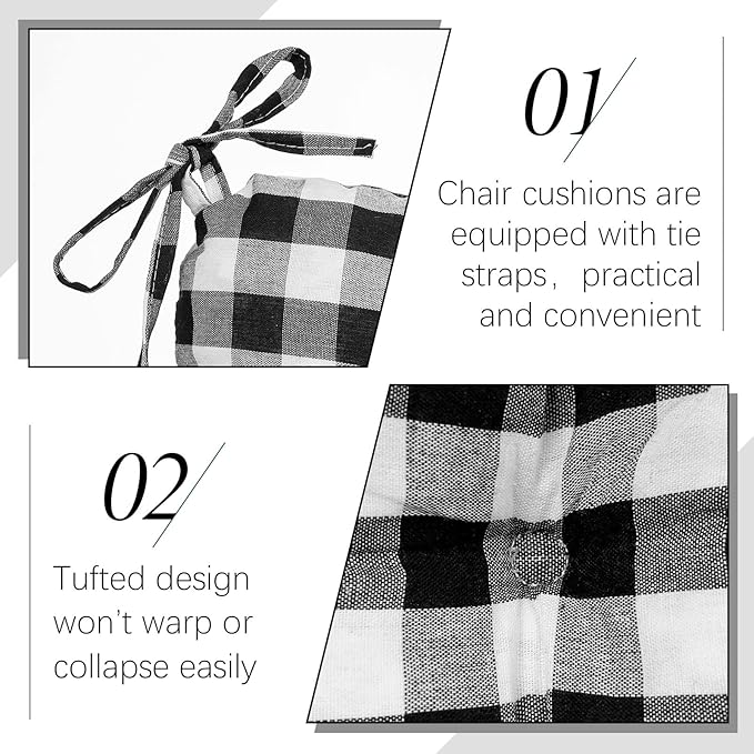 Geetery 8 Pack Chair Cushions for Dining Chairs, 16" x 15" Black and White Kitchen Chair Cushions with Ties Buffalo Plaid Soft Comfy Seat Pads for Home Office Living Room Outdoor Indoor