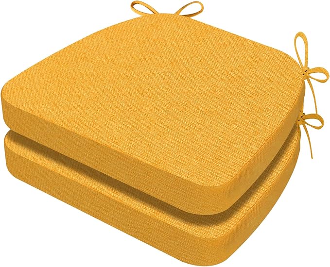 AAAAAcessories D-Shaped Chair Cushions, 2" Thick Dining Chair Pads with Ties and Removable, Machine-Washable Cover, 17" x 16", Set of 2, Golden Yellow