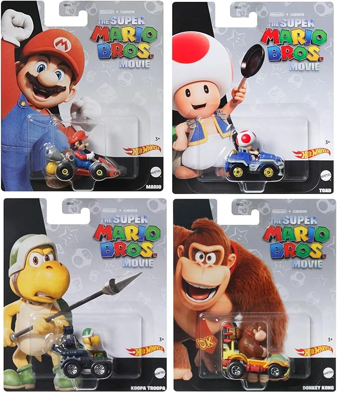 Hot Wheels Super Mario Bros. Movie Character Cars 4‑Pack Bundle, Mario, Toad, Koopa & Donkey Kong, Die‑Cast 1:64 Scale Vehicles, Ages 3+