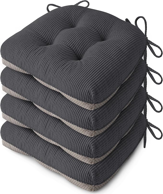 Indoor Kitchen Chair Cushions Set of 4 18"X16.5"X3" Soft Anti Slip Dining Chair Pads Tufted Kitchen Seat Cushion with Ties, Dark Grey