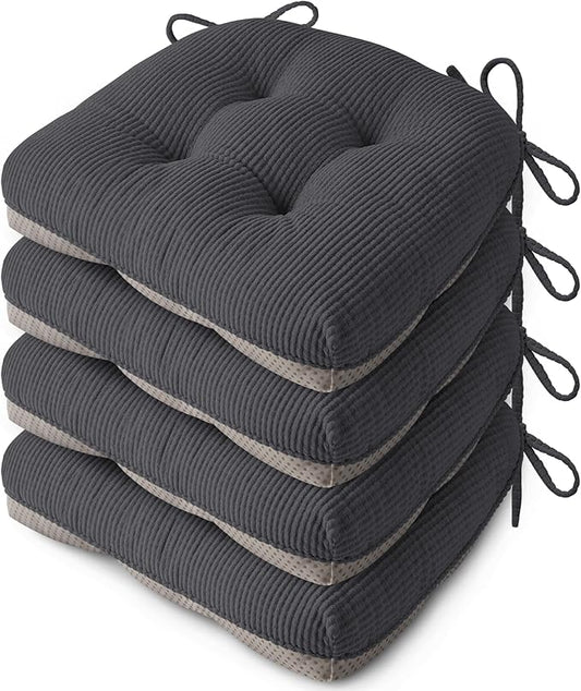 Indoor Kitchen Chair Cushions Set of 4 18"X16.5"X3" Soft Anti Slip Dining Chair Pads Tufted Kitchen Seat Cushion with Ties, Dark Grey