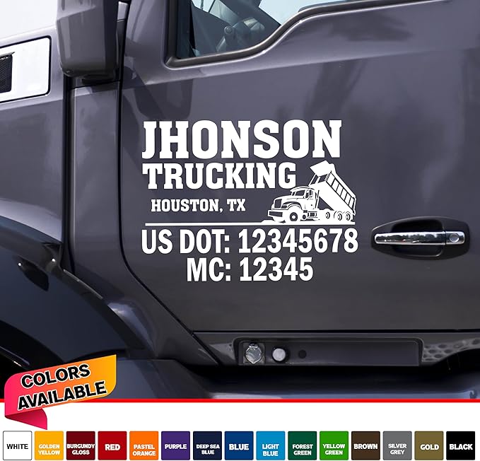 Custom Truck Door Vinyl Decal, Commercial Vehicle Lettering with DOT MC Numbers Set of 2, Multiple Colors Available Lettering Fully Customizable Sticker for Trucking