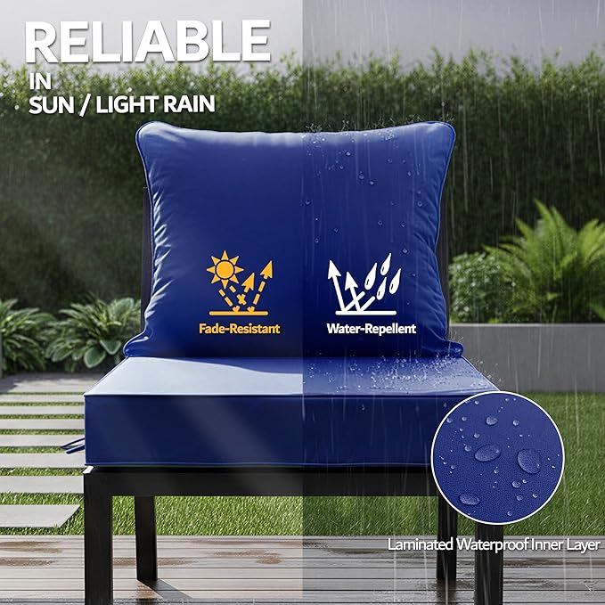24x24 Inch Outdoor Chair Cushion with Removable Cover, Patio Furniture Cushion - Water-Repellent, Fade-Resistant, Non-Slip Bottom & Straps, Replacement for Deep Seat Sofa & Couch - Navy