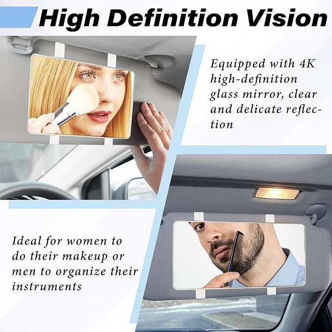 Car Sun Visor Mirror, Cosmetic Makeup Mirrors with Straps, HD Cars Interior Cosmetic Mirror, Car Accessories for Women Universal Sun Visor Mirrors for Trucks, Cars, SUVs (White)