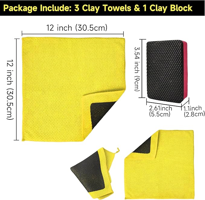 Upgrade Clay Towels and Pad Set 4PCS - Perforated Synthetic Decontamination Towel for Car Detailing, Cleaning & Release of Paint Contaminants, 3pcs Clay Bar Towels 12x12 Yellow, & 1pcs Red Pad
