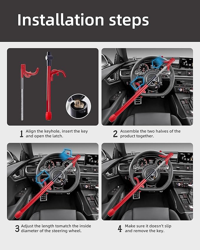 Dodomes Steering Wheel Lock Anti-Theft Heavy Duty Secure Car Device, Adjustable Length Clamp Double Hook Locks Universal Fit Red