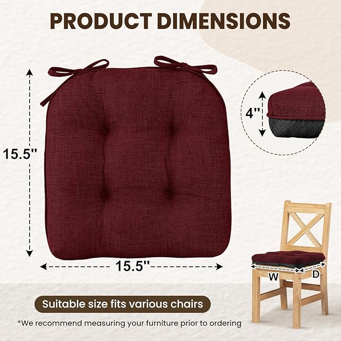downluxe Indoor Chair Cushions for Dining Chairs, Tufted Overstuffed Textured Kitchen Chair Pads with Ties and Non-Slip Backing, 15.5" x 15.5" x 4", Burgundy, 4 Pack