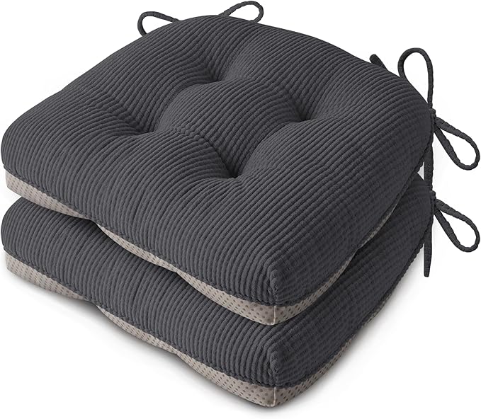 Indoor Kitchen Chair Cushions Set of 2 18"X16.5"X3" Soft Anti Slip Dining Chair Pads Tufted Kitchen Seat Cushion with Ties, Dark Grey