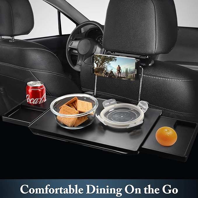 2-in-1 Car Steering Wheel Tray & Back Seat Table with Phone Holder – Height Adjustable Steering Wheel Desk for Car, Laptop & Food Tray, Writing Desk – Fits Cars, SUVs and Truck, 18"
