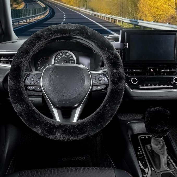 SEG Direct Furry Car Steering Wheel Cover with Fluffy Gear Shift Cover Soft Warm Non-Slip Car Decoration for Men Women Girls 2 PCS Set, Black