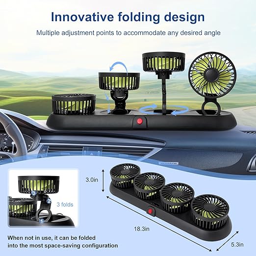 Portable 4-Head Car Cooling Fan - 3-Speed Adjustable, 360° Rotating, Cigarette Lighter Plug, Powerful Airflow for Vehicles, RVs, and SUVs