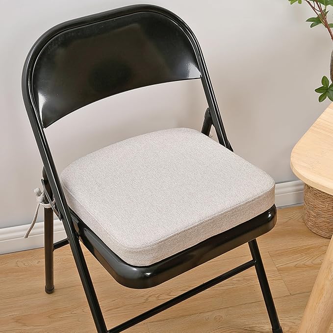 SINOSSO Memory Foam Chair Cushions for Folding Chairs 4 Pack, Thickened 2" Square Pads with Ties for Kitchen Chairs, Indoor Non-Slip Dining Chair Seat Cushions (Set of 4, Beige-Gray)