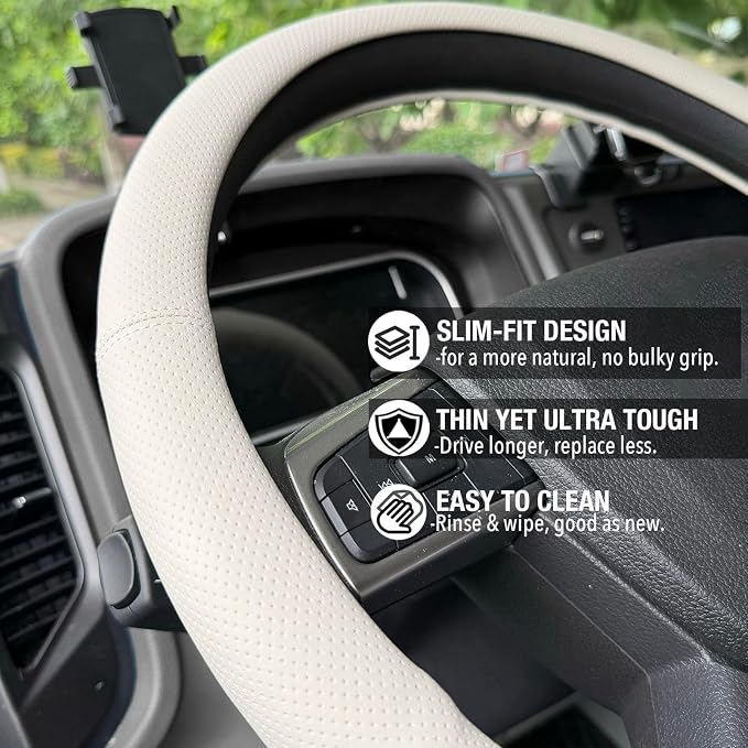 PINCTROT XL 17.5-18in Nappa Leather Supported Grip Steering Wheel Cover for Semi Truck, Fits RV, Big Rig Trucker, 18 Wheeler and Classic Cars, Anti-Slip Perforated Design 17.5-18 Inch (Cream White)