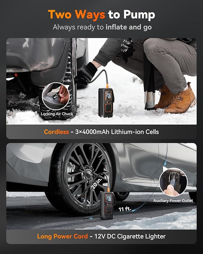 WOLFBOX Cordless Tire Inflator Portable Air Compressor, 150PSI Air Pump for Car Tires, Motorcycle, Bicycle & Ball, with Smart Digital Pressure Gauge, Auto Shut-Off & LED Flashlight